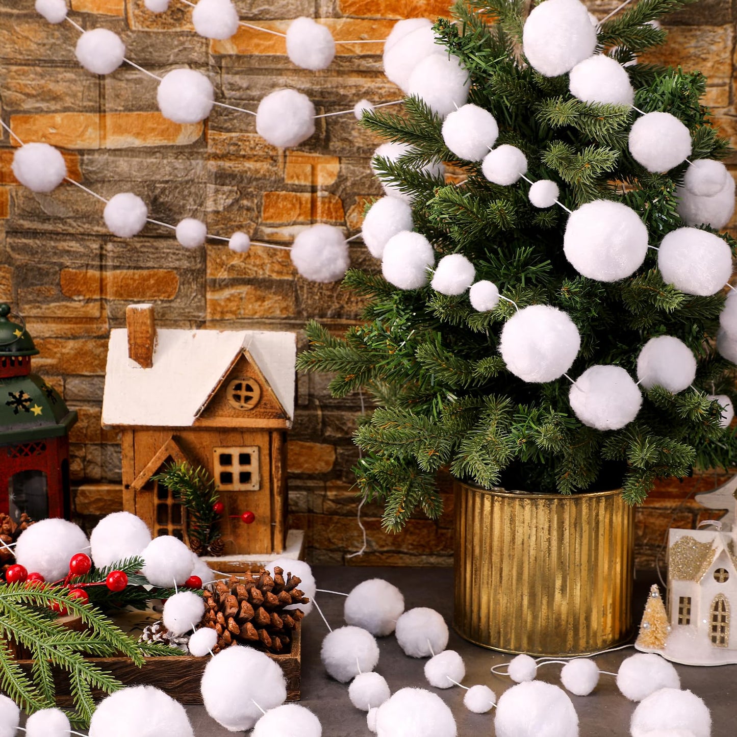 Tegeme 12 Pcs Winter Snowball Garland 6.5 Feet White Pom Pom String Garland Winter Party Wonderland Decoration Snow Ball Hanging Banner White Snowball Decor for Ceiling Tree Holiday Party Wall Home