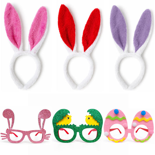 Coynurex Easter Headbands and Glasses Set, 6PCS Bunny Ear Headbands & Funny Easter Glasses, Cute Photo Props for Easter Basket Stuffers, Egg Hunt, Parties and Holiday Decorations