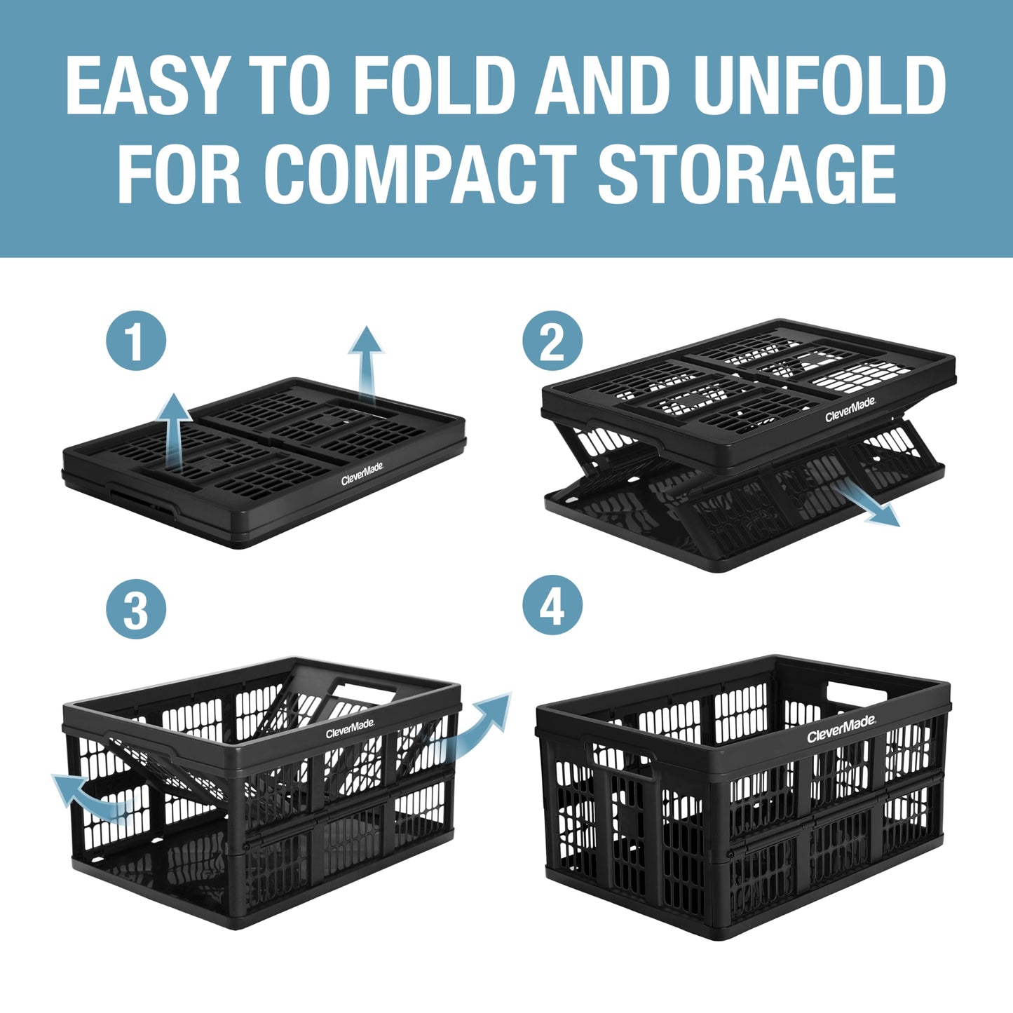 CleverMade Collapsible Utility Crate 45L Foldable Plastic Crate with Heavy Duty 66 lb Capacity for Storage, Trunk Organization, & Moving - Obsidian