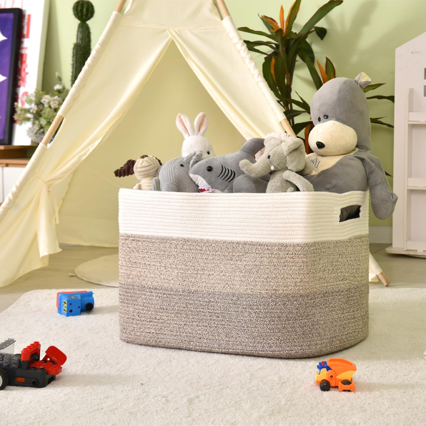 ICERZCZ Extra Large Blanket Basket Living Room, Rectangle Storage Basket, Large Woven Baskets for Storage, Cotton Rope Basket for Toys, Clothes, Gradient Brown - 25”x16”x16” (105L)