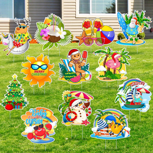 Amyhill 12 Pcs Summer Christmas Outdoor Yard Decoration Summer Christmas Garden Lawn Stake Signs with Stakes Waterproof Corrugated Outdoor Decor for Patio Lawn Walkway Party Decorations, 12 Style