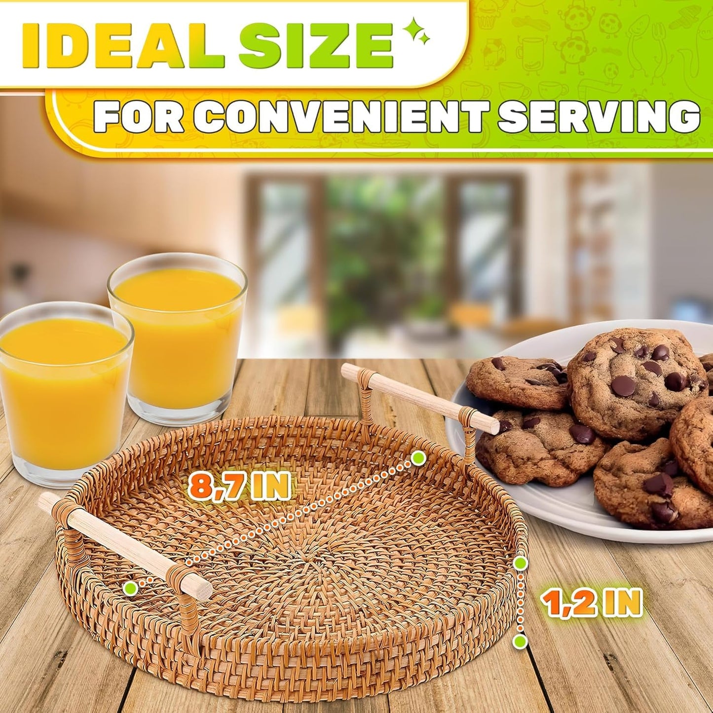 Rattan Tray 8.7-Inch Round – Woven Serving Basket with Handles – Holidays Romantic Decorative Tray for Coffee Table, Bread, Fruit, Vegetables, Restaurant & Home Use Charming Styling Coffee Table Decor