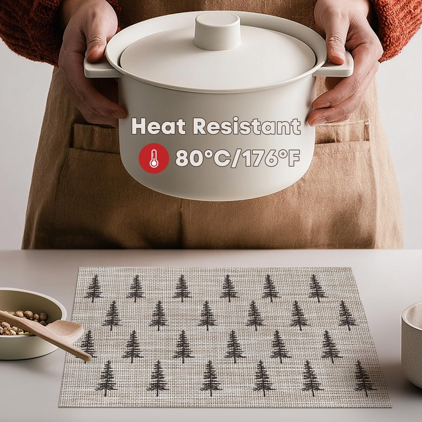 Artoid Mode Xmas Tree Christmas Vinyl Placemats Set of 4, 12x18 Inch Wipeable Winter PVC Woven Table Mats for Party Kitchen Dining Decor