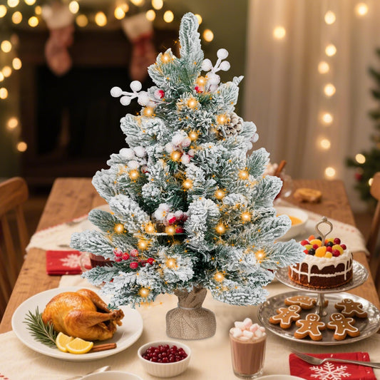 ININ 2FT Pre-lit Mini Christmas Snow Flocked Tree,Tabletop Artificial Christmas Tree with LED Lights, Small Xmas Pine Tree with Cloth Bag Base for Christmas Decor,12 Clusters Berry & 8 Pinecones