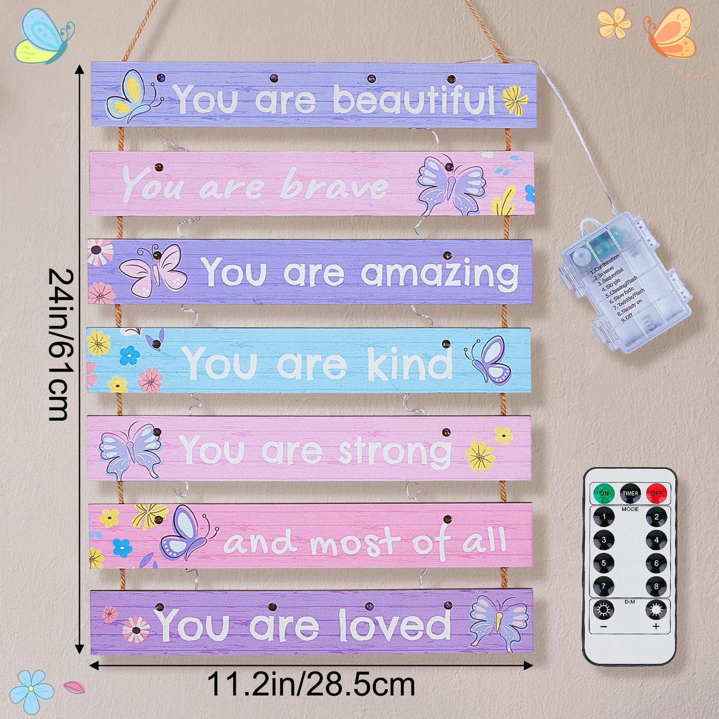 FIOBEE Girls Room Décor for Teen Girls Boys with LED Light Wall Decor for Bedroom Motivational Inspirational Wall Art Girl Room Decoration for Kids Studyroom, 8 Kinds of Lights, Purple Butterfly