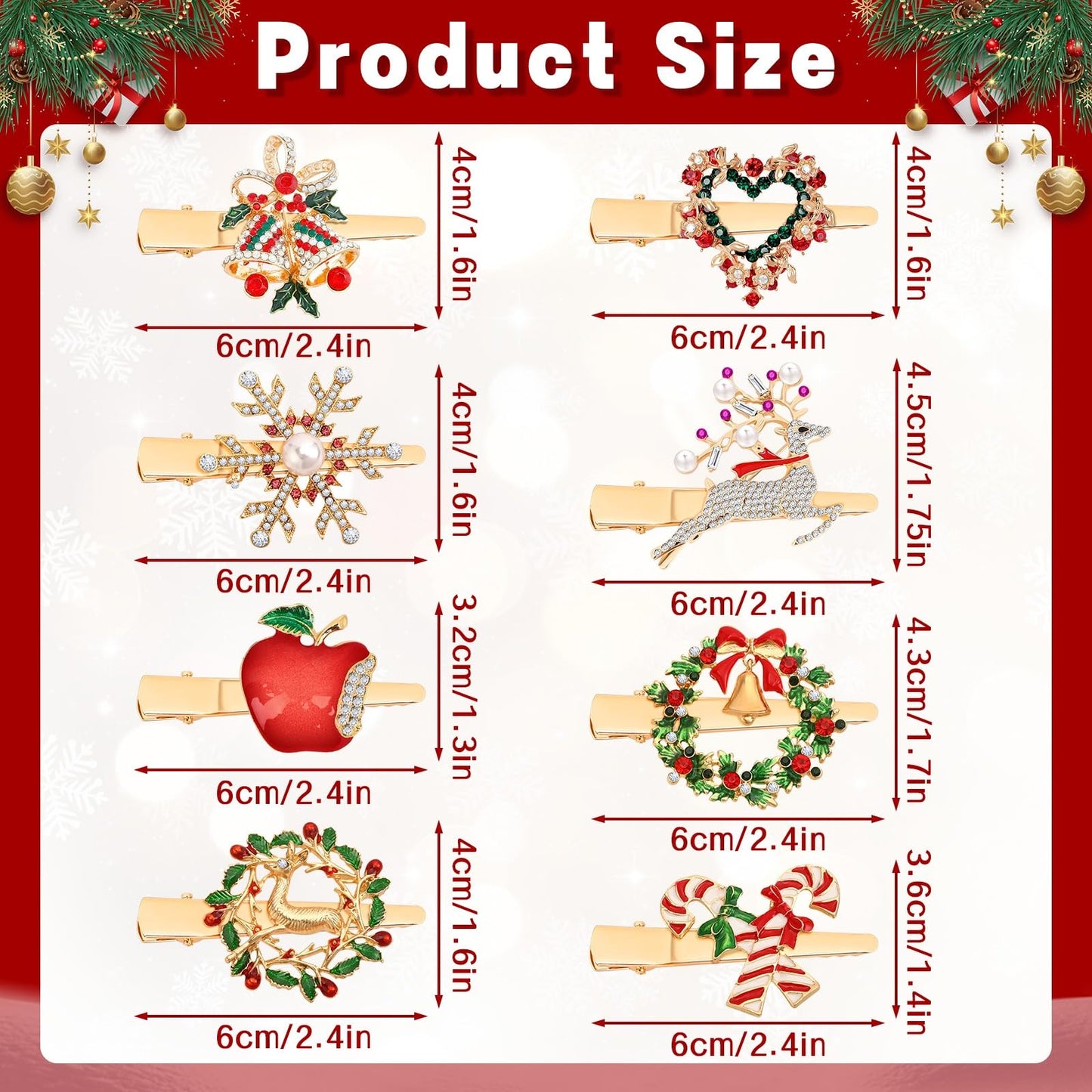 AUGSUN 8Pcs Christmas Rhinestone Hair Clips Barrettes Xmas Crystal Peppermint Snowflake Wreath Reindeer Bell Hairpins Festive Costume Accessories for Women Christmas Holiday Party Gifts