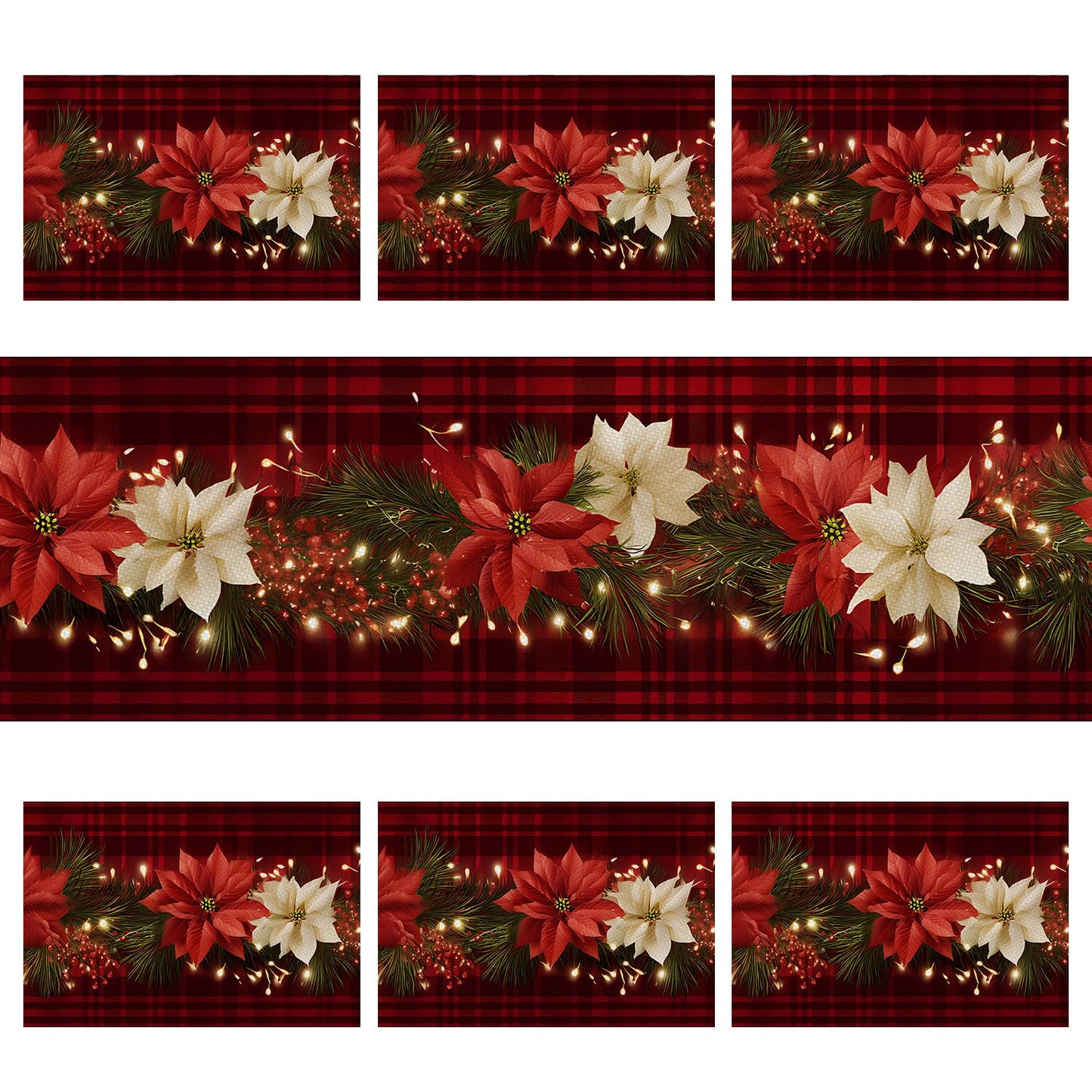 Christmas Table Runners and Placemats Set of 6, Red Plaid with Poinsettia & Floral Design, Perfect for Holiday Dining, 7-Piece Christmas Table Decoration