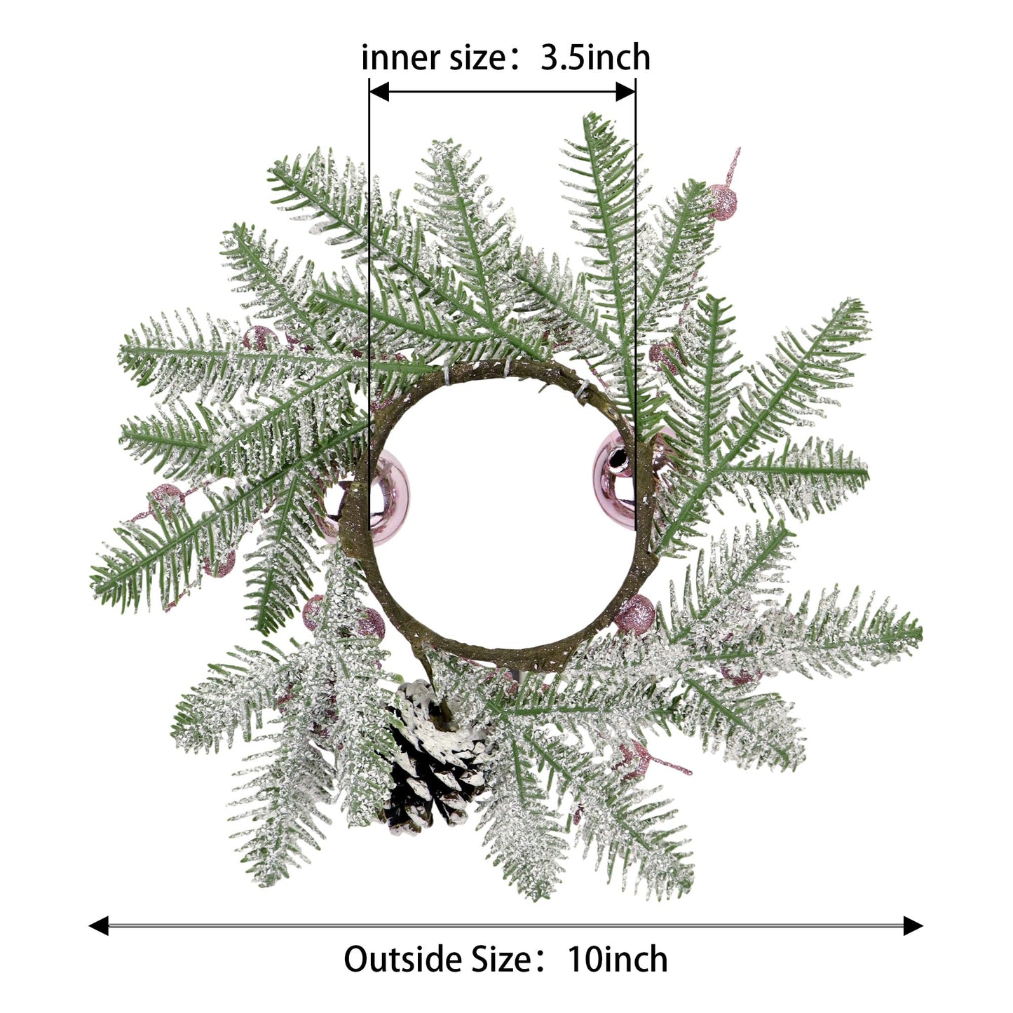 Christmas Candle Rings Wreaths,8" Small Wreaths for Kitchen Cabinet with Balls,Pine Cones,Pine Needles and Berries for Home Christmas Table Centerpiece Decorations (4, Pink)