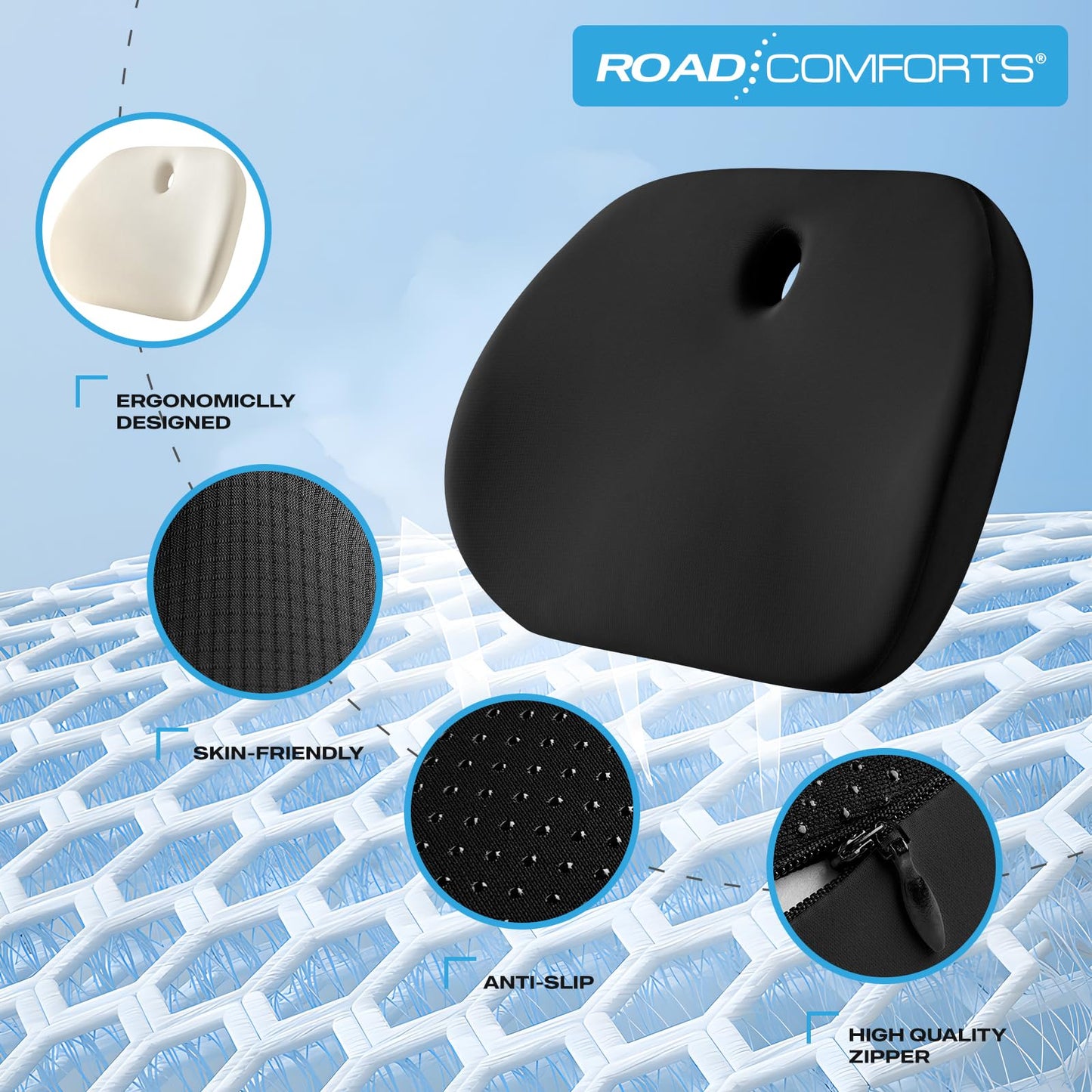 Road Comforts Premium Memory Foam Seat Cushion – Office Chair Cushion, Car Seat Cushion – Chair Cushions for Back & Sciatica Pain Relief – Seat Cushions for Office & Desk (Black)
