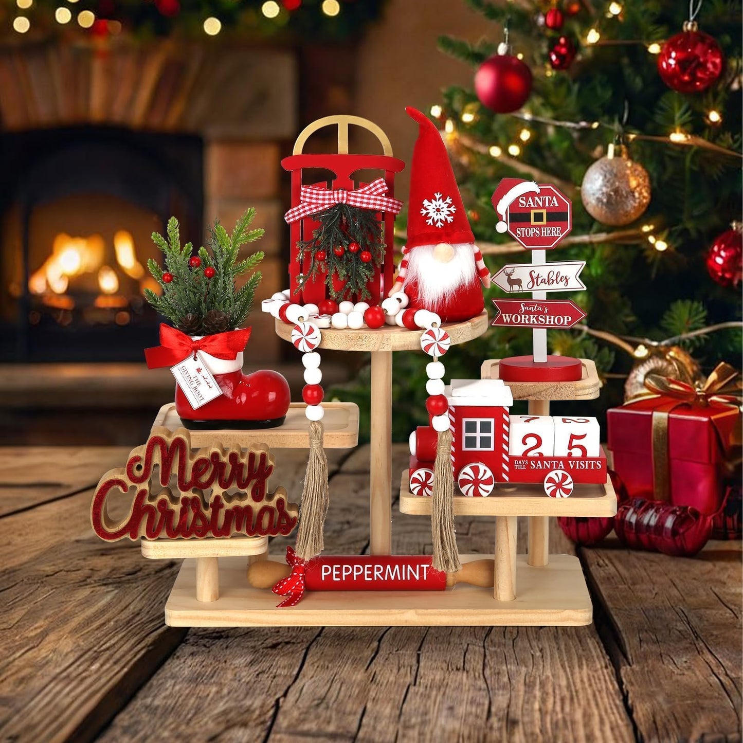 Christmas Decorations 8 PCS Tiered Tray Decor Set, Cute Tabletop Christmas Decor for Home Office Shelf Mantel Coffee Bar Xmas Table Centerpieces Tray Objects Holiday Decoration Set