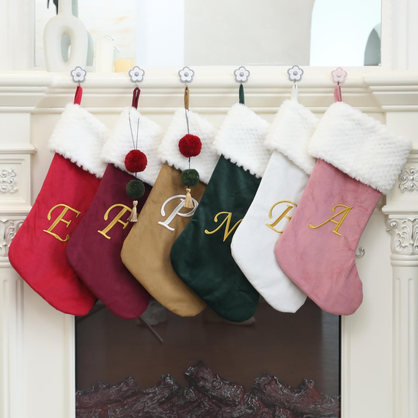 Pxniy 19.5 inches Personalized Velvet Christmas Stocking,Initials Embroidered Letter Christmas Stocking with pom poms, for Fireplace Hanging Decor and Xmas Gift(Burgundy J)