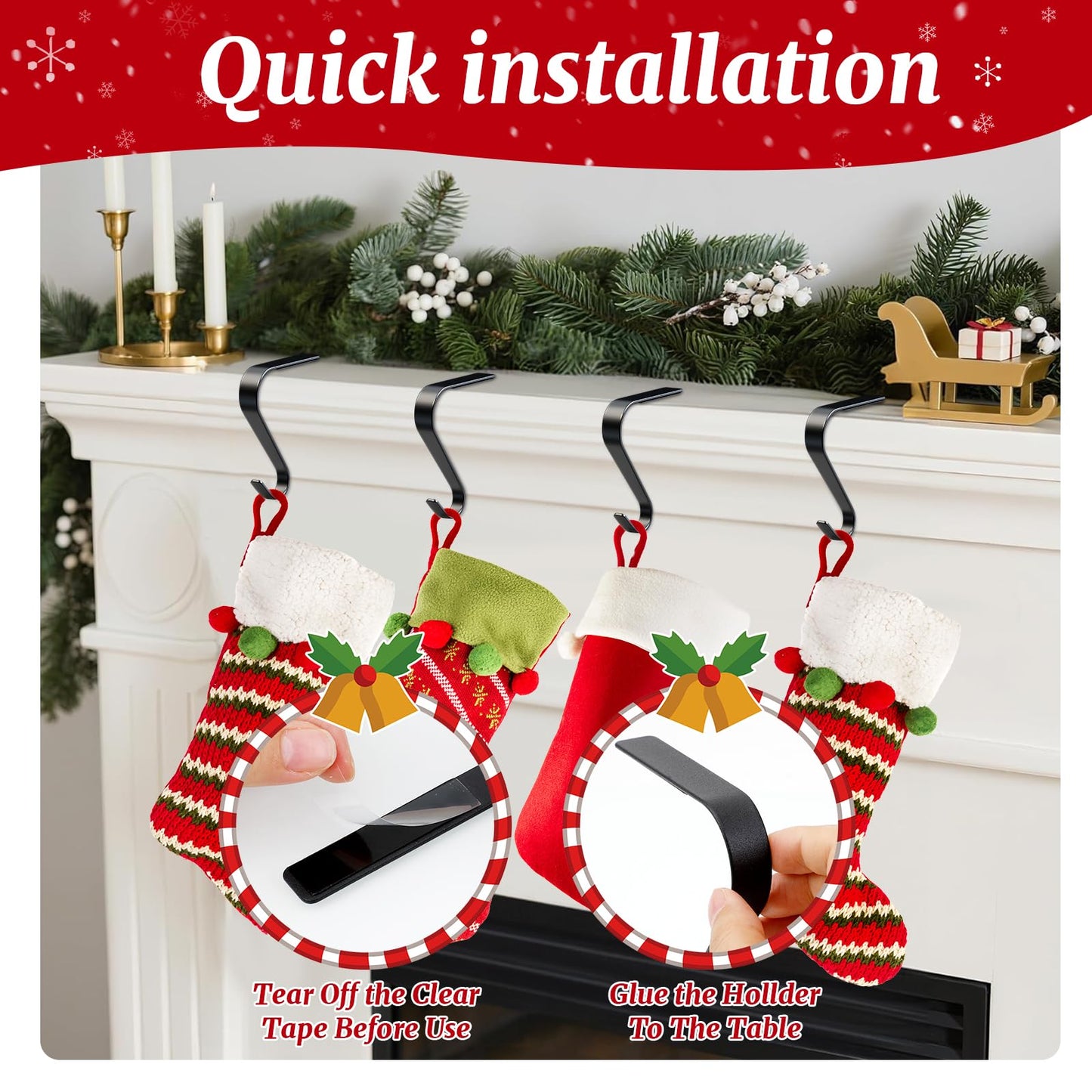 Christmas Stocking Holders for Mantle Set 4, Non-Slip & Scratch-Free Stocking Holder for Fireplace Christmas Decorations, Upgrade Lightweight Mantle Stockings Hangers Hooks for Xmas Decor (Black)