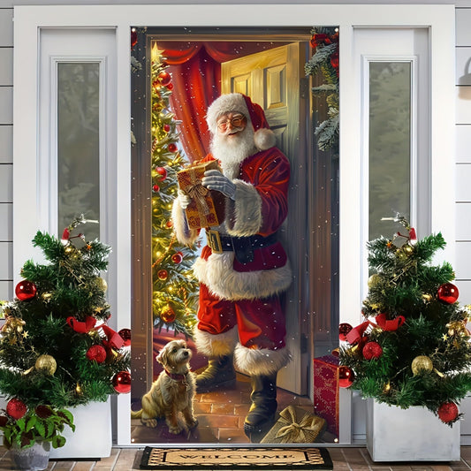 Festive Christmas Santa Claus Door Banner Decorative Polyester Holiday Door Cover with Christmas Tree and Dog, Perfect for Indoor and Outdoor Christmas Decorations 71 x 35in