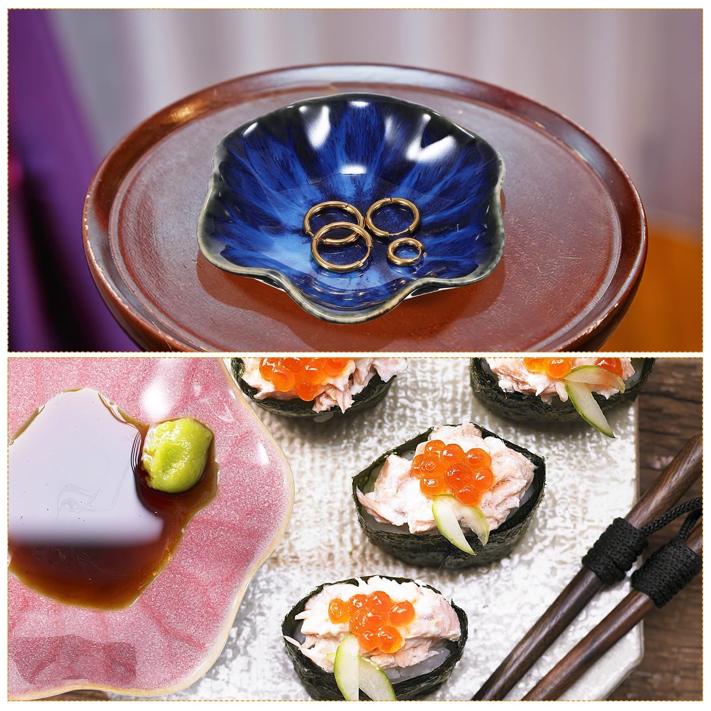 Housoutil Ceramic Ring Holder Dish and Jewelry Storage Tray Set, Small Gradient Blue and Leaf Design, Trinket Display Plates for Rings and Accessories, 2pcs Decorative Organizer for Women