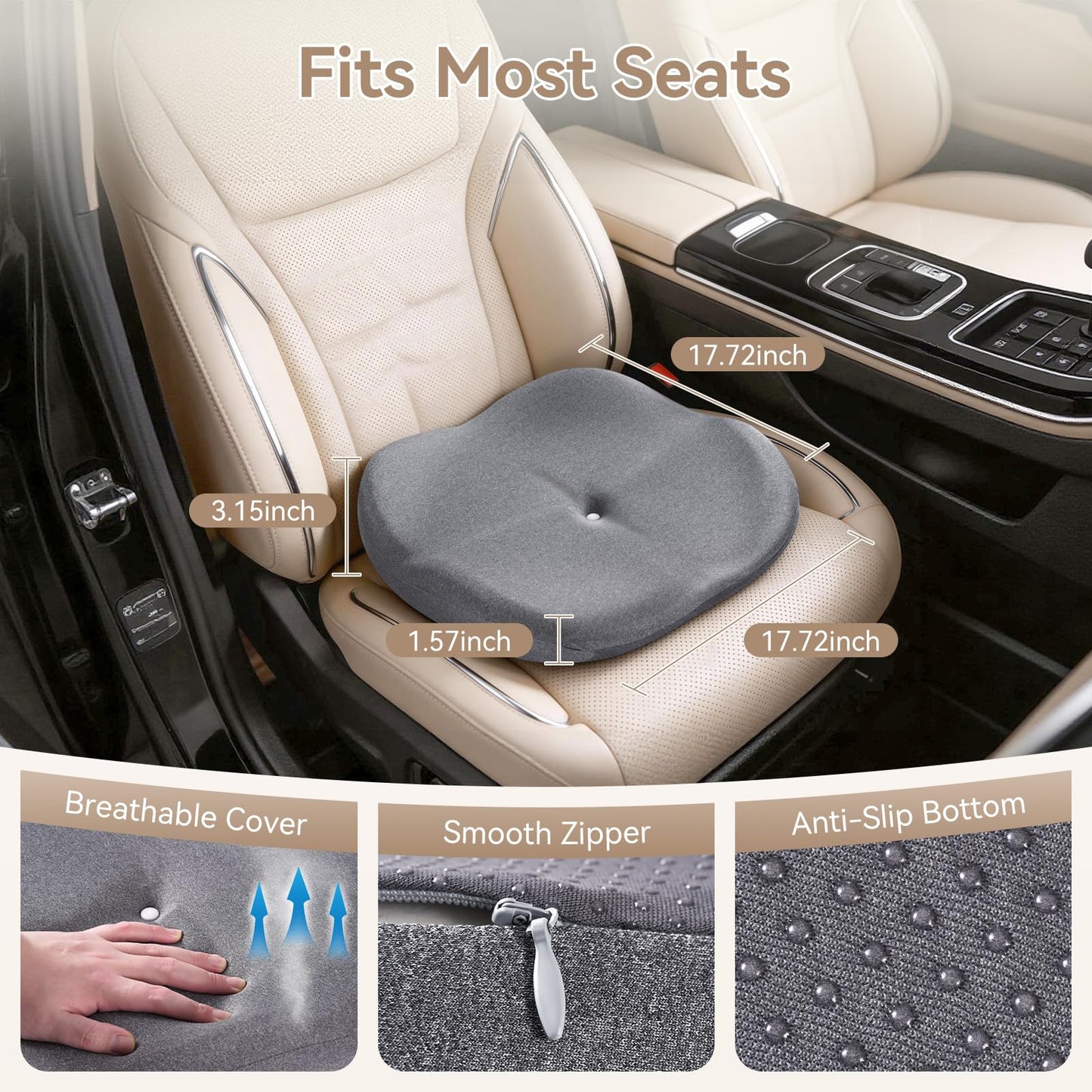 Cxprctpu Memory Foam Seat Cushion with Pressure Relief for Office Chair, Car, Wheelchair, and Sofa, Doctor Recommended Orthopedic Cushion for Tailbone Pain, Sciatica, Hip Back Support, Non Slip, Grey