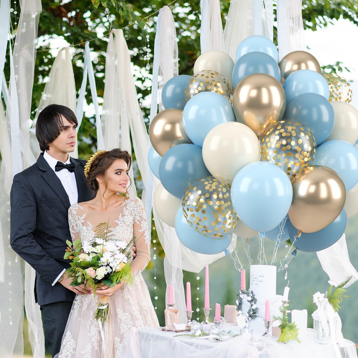Paready Dusty Blue Balloons, 50 Pcs Light Blue Champagne Gold Balloons, Baby Shower Balloon, 12 Inch Sand White Retro Ice Mist Macaron Balloon for Birthday Bridal Shower Engagement Party Decorations