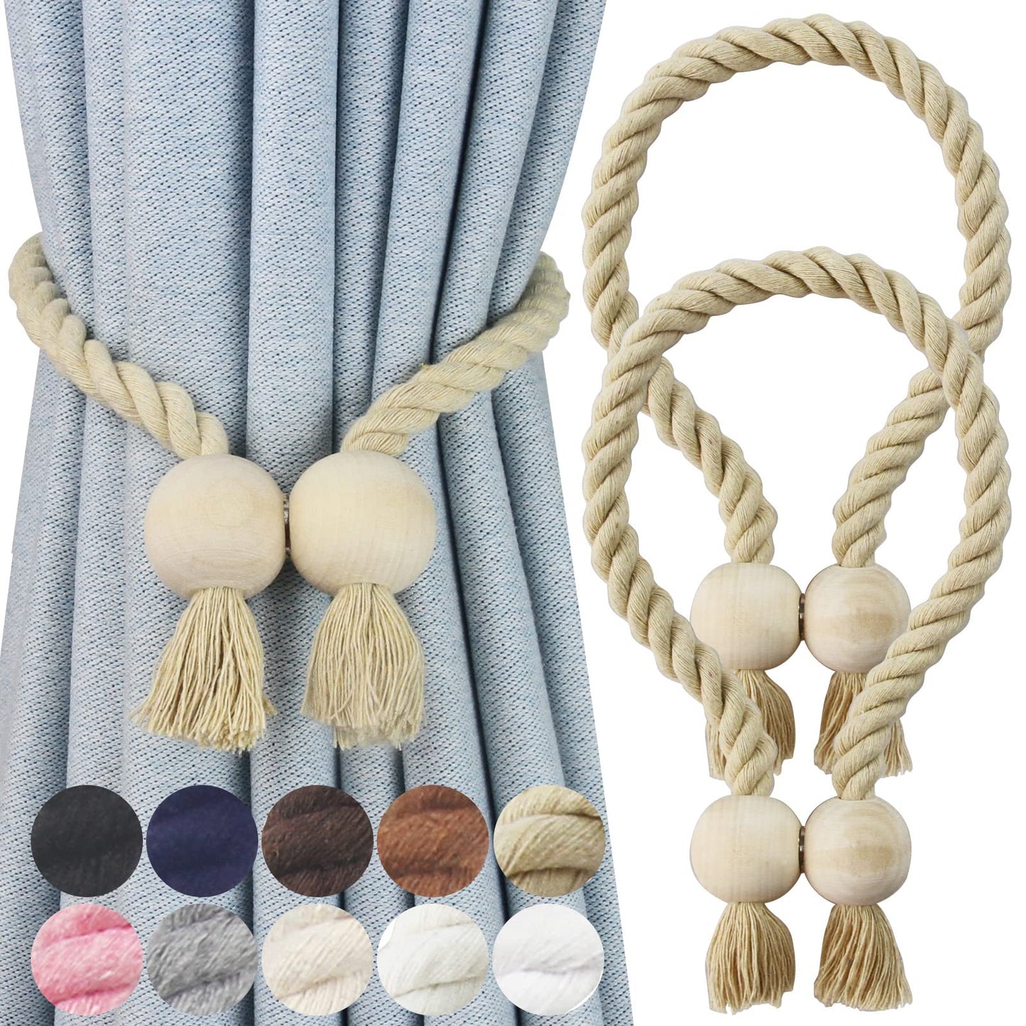 Nieffeiy 2 Pack Magnetic Curtain Tiebacks Cotton Hand Woven Tie Back Decorative Rope Holdbacks for Curtains Draperies No Tools Required, Dark Beige
