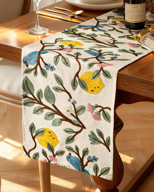 Kokaaee Canvas Embroidered Table Runner - 13"x 72" Coffee Table Runner for Living Room Narrow Tablerunner for Dining Room Washable Farmhouse Kitchen Island Counter Decor Housewarming Gift, Lemon Bird