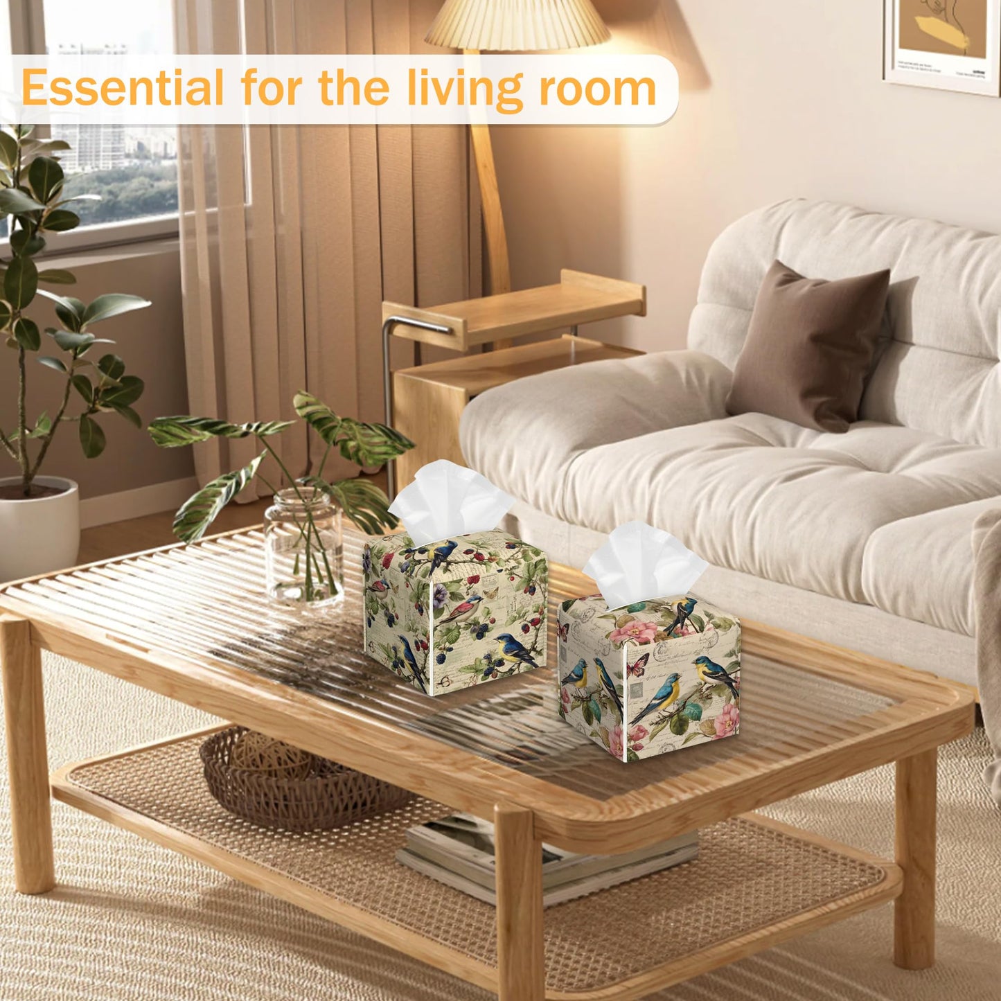 Spring Bird 2 Pcs Tissue Box Cover Square Leather Tissue Case Holder Facial Paper Organizer Decorative for Bathroom Kitchen Car Office Home Decor