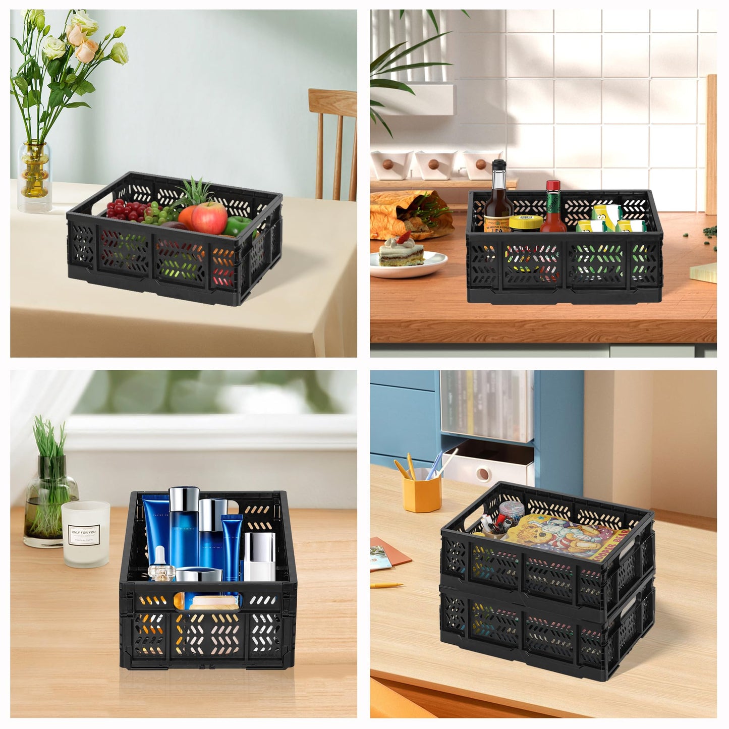 Senhoglb 4-Pack Collapsible Crate for Storage, 19L Folding Crate Plastic for Organizing Groceries Fruit with Handle, Collapsible Milk Crates for Home Office School Trunk, Black