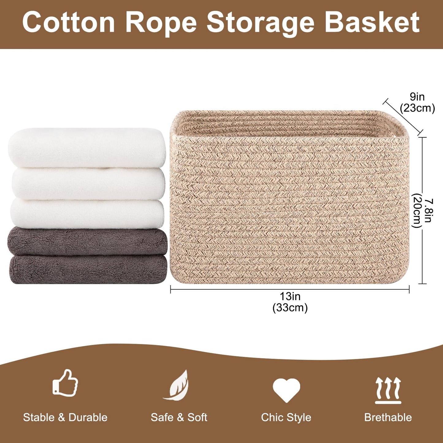 OIASKET Storage Baskets for Organizing, Woven Decorative Baskets for Shelves - Books, Towels, and Clothes, Cotton Rope Toy Storage Bins, 12.7''Lx9''Wx7.8''H, Pack of 4, Brown
