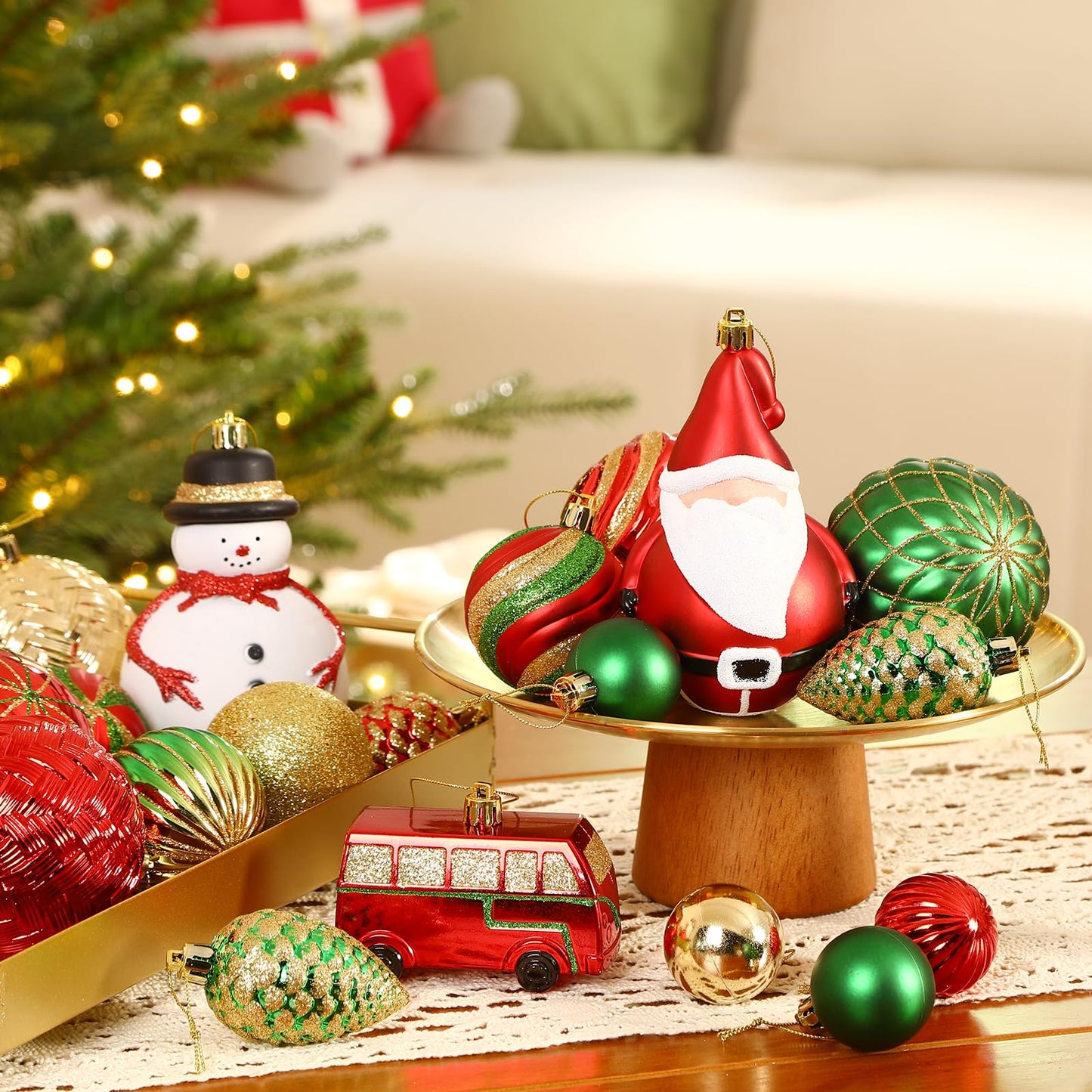 Alupssuc 100 Pcs Christmas Ball Ornaments Set, Santa Claus and Snowman Christmas Tree Decoration Baubles for Indoor Outdoor Holiday Wedding Party Decoration Tree with Hanging Rope, Red & Green & Gold