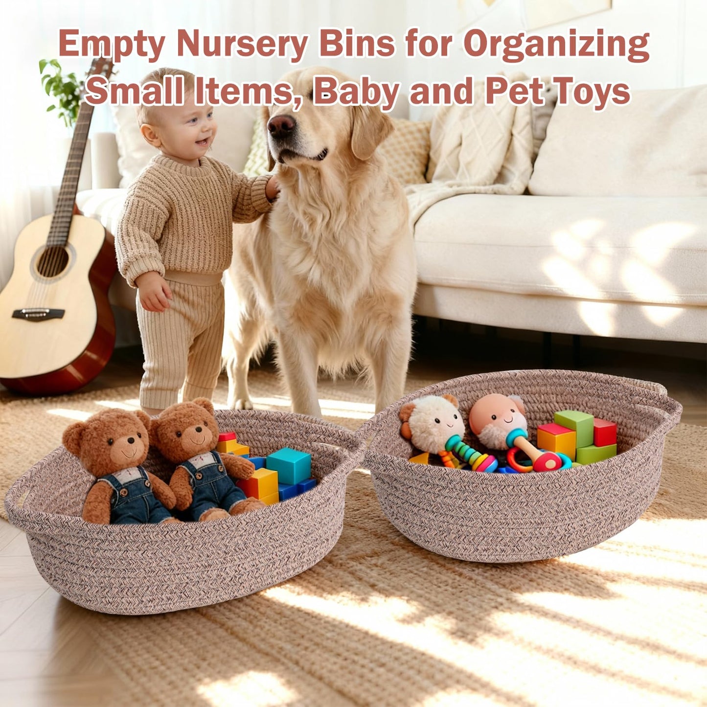 LWYMX Basket for Gifts Empty, Small Woven Basket with Bags and Ribbons, Baby Toy Baskets with Handles, Wicker Storage Bin for Baby Showers or Pet Toy (Brown, 1 Pack (12"x 8"x 3.74"))