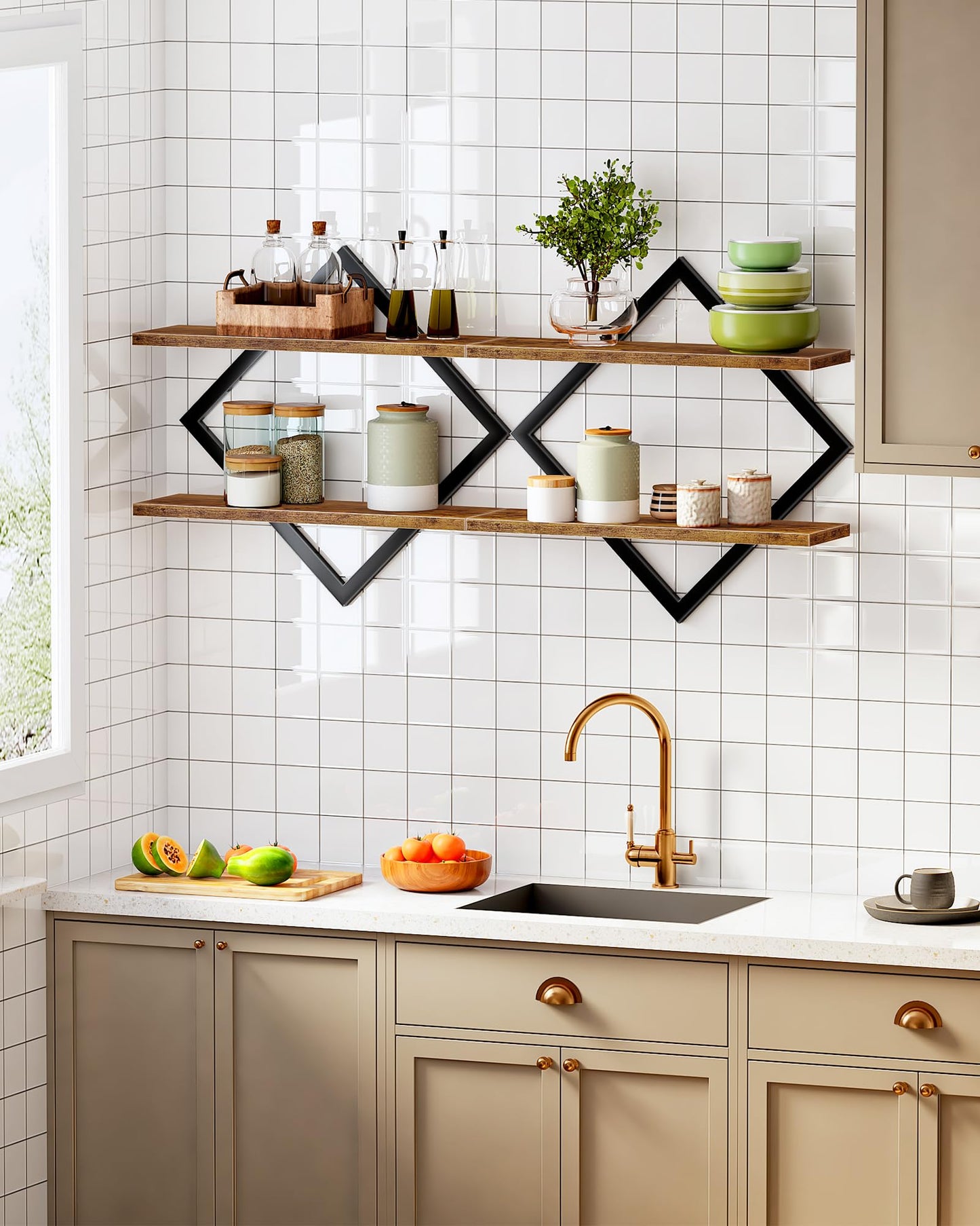 CHOEZON Floating Shelves, Set of 2 Wall Shelves, 2-Tier Hanging Shelves, Wall Shelf Set of 2, Wall Mounted Shelves, for Living Room, Bedroom, Kitchen, Office, Study, Rustic Brown TBJ01P2BF
