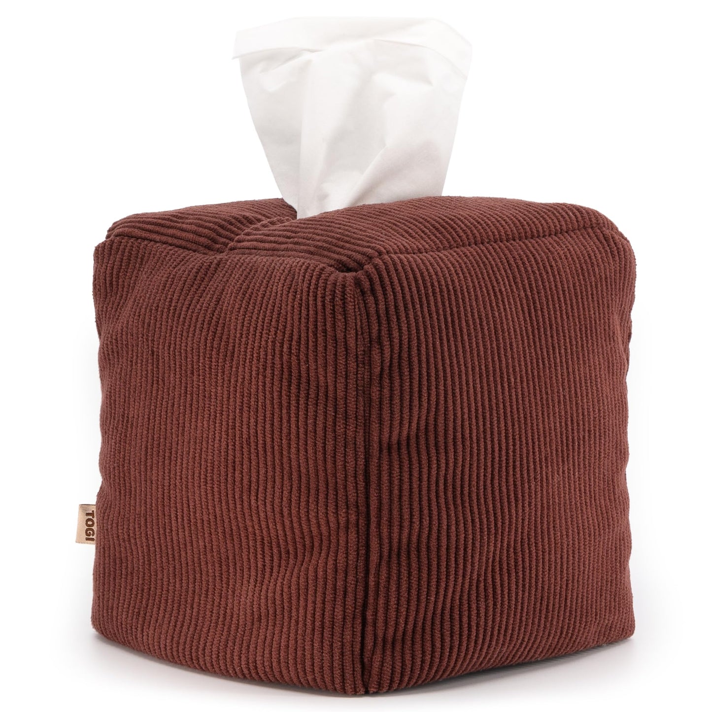 TOGI Corduroy Tissue Box Cover - Soft & Puffy Cube Design Adds a Warm, Cozy Touch - Soft Tissue Box Cover Square Fits Standard Square Boxes from Everyday Brands - Cozy Home & Office Decor (Brown)