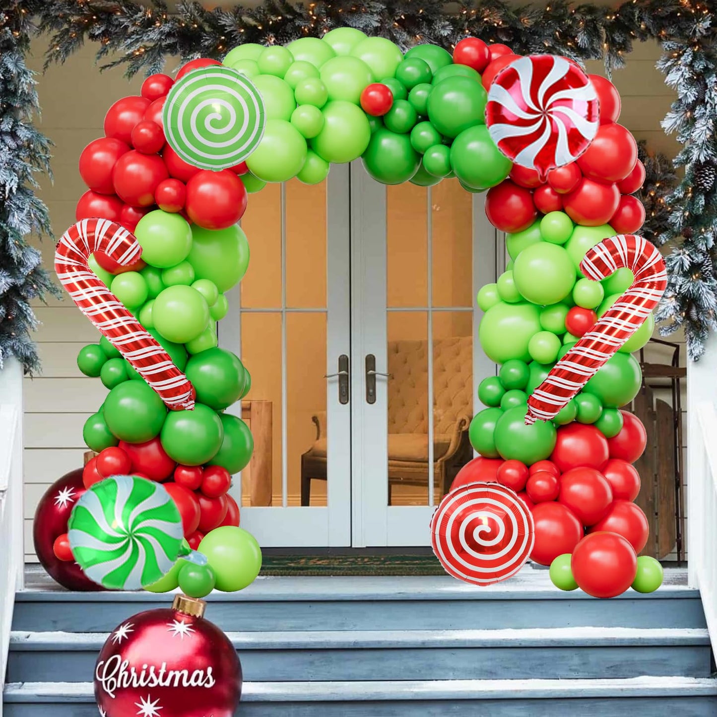 Christmas Balloon Arch Kit -129pcs Christmas Balloons With 18inch 12inch 5inch Green Red Lime Green Latex Balloons Candy Cane Balloons For Xmas Party Decorations