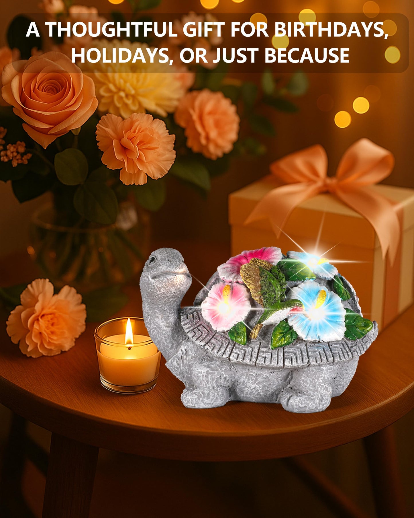 GoGnome Solar Turtle Figurine Lights with Hummingbird Flower 5.5-inch – Garden Statue for Outdoor Yard Decorations, Lawn Ornaments, Balcony Decor – Ideal Gift for All Occasions (Turtle)
