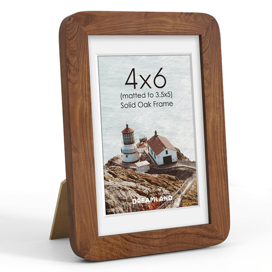 Dreamland 4x6 Picture Frame with Mat for 3.5x5, USA-Sourced Natural Walnut Wood Photo Frames with Resistant Plexiglass, 4 x 6 Handcrafted Round Corner Wooden Frame for Gallery Art Prints or Home Decor