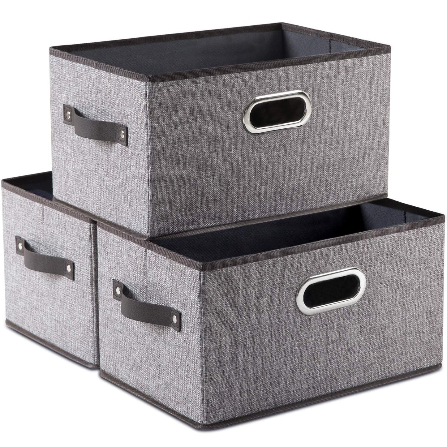PRANDOM Large Foldable Storage Bins for Shelves [3-pack] Decorative Linen Fabric Storage Baskets Cubes with Leather/Metal Handles for Closet Nursery Office Grey and Black Trim (14.9x9.8x8.3 Inch)