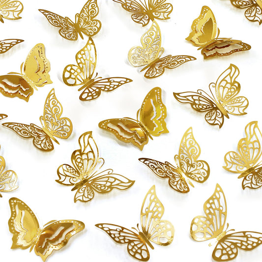 RCHBUDI 96 Pcs Butterfly Decorations，4 Styles,3 Sizes，3D Butterfly Wall Decor Party Decorations Butterflies for Crafts Birthday & Wedding Celebrations Cake Decorating Balloons Removable Stickers Gold