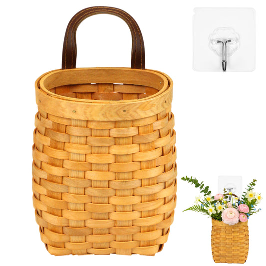 Woven Rattan Wall Hanging Baskets, Hand-Woven Wicker Storage Organizer, Portable Wood Basket for Fruit Vegetable Flower Display Rustic Farmhouse Decor for Porch Living Room Bedroom Entryway Front Door