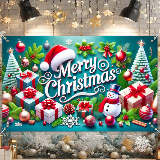 BlissYard Christmas Banner Merry Christmas Snowman Gift Tree Backdrop Green Red White Holiday Wall Decoration Party Photo Prop Indoor Outdoor Scene for Home Office 71 X 43 Inches