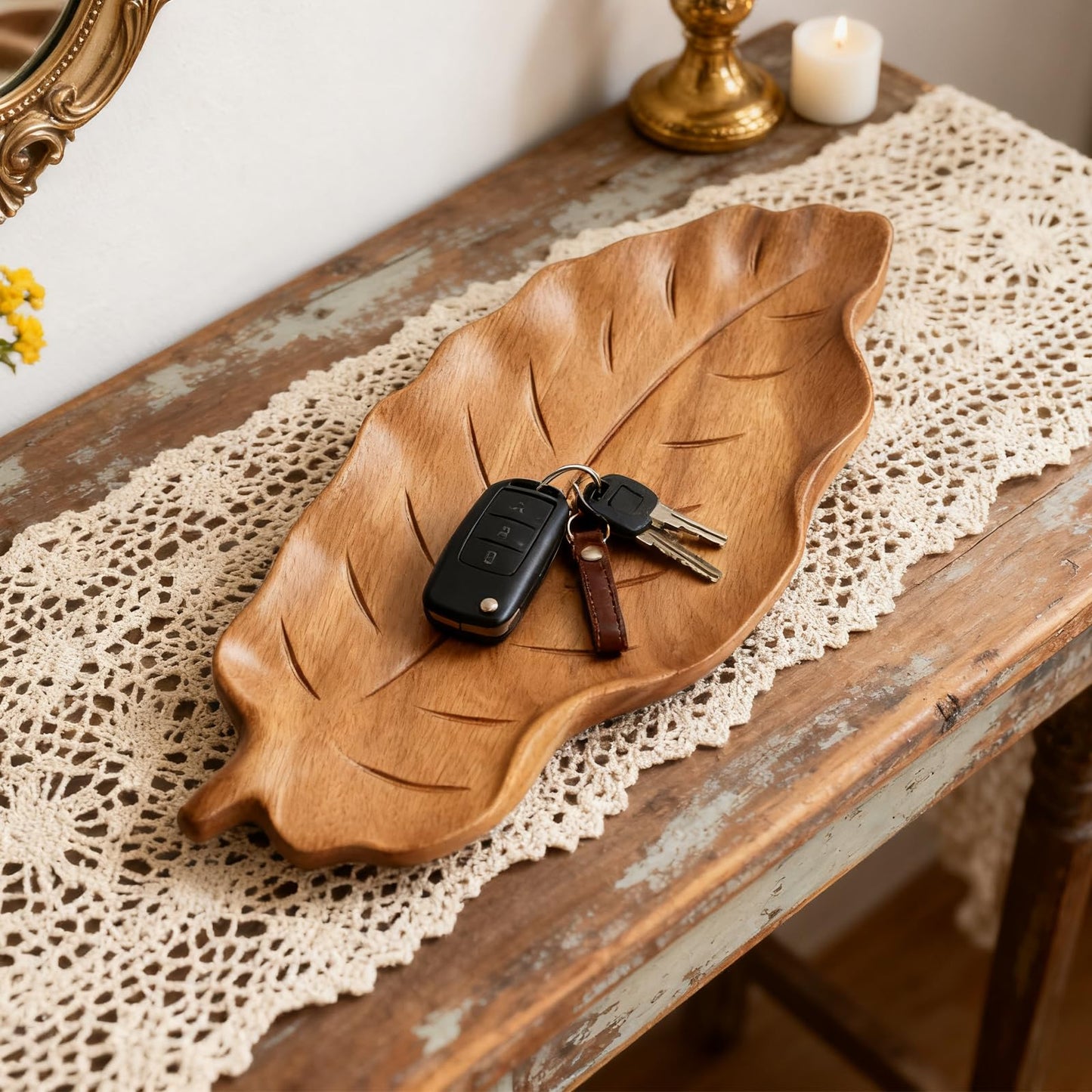 Cut-Nic Wood Leaf Design Key Tray for Entryway Table, Aesthetic Desk Organizer for Home, Key Bowl, Jewelry Tray, Serving Tray Platter Breakfast Table Kitchen Decor
