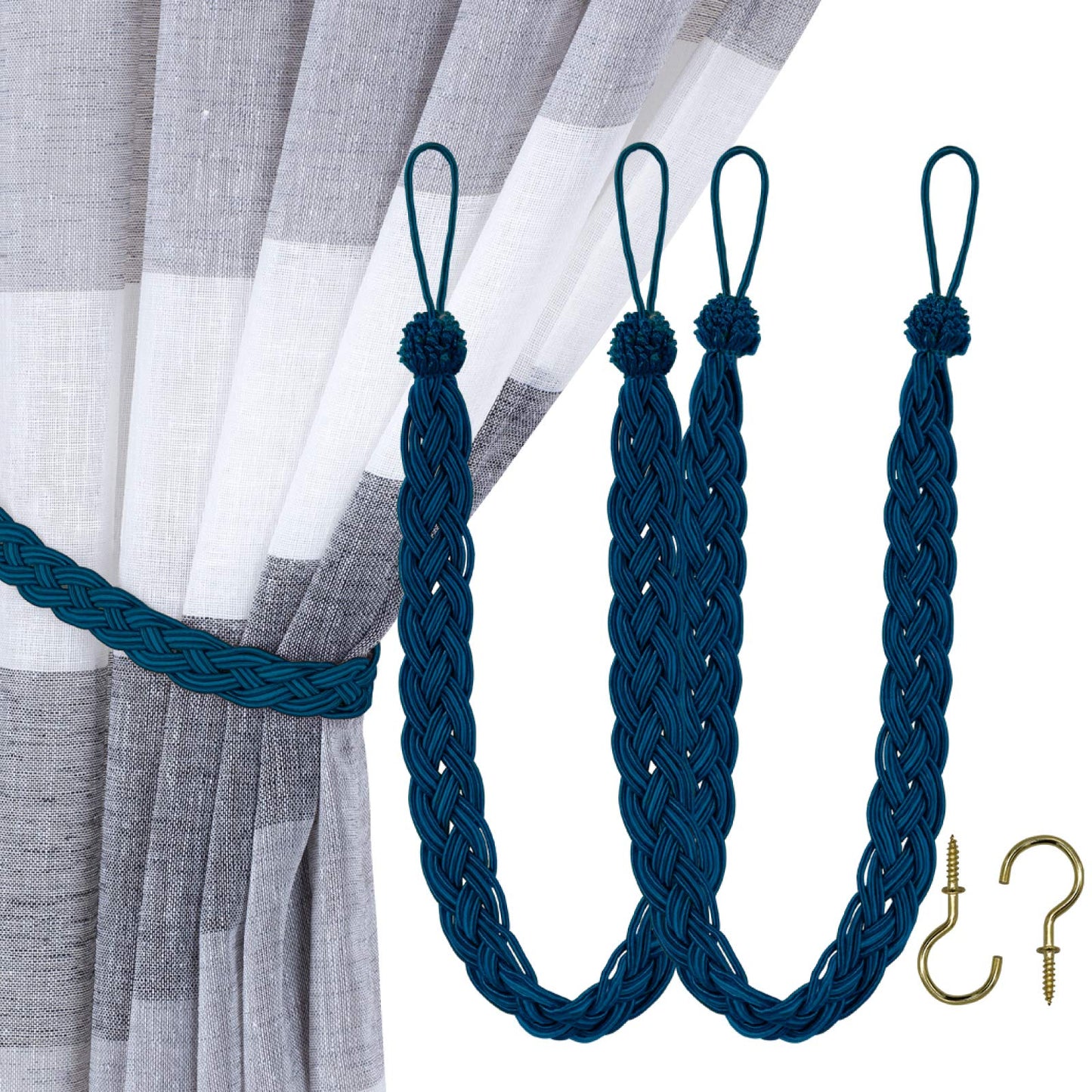 Home Queen Hand Braided Curtain Tie Back, Buckle Holdback Drapery Curtain Tiebacks, 2 Rope Belt Curtain Tie with 2 Metal Hooks, Navy