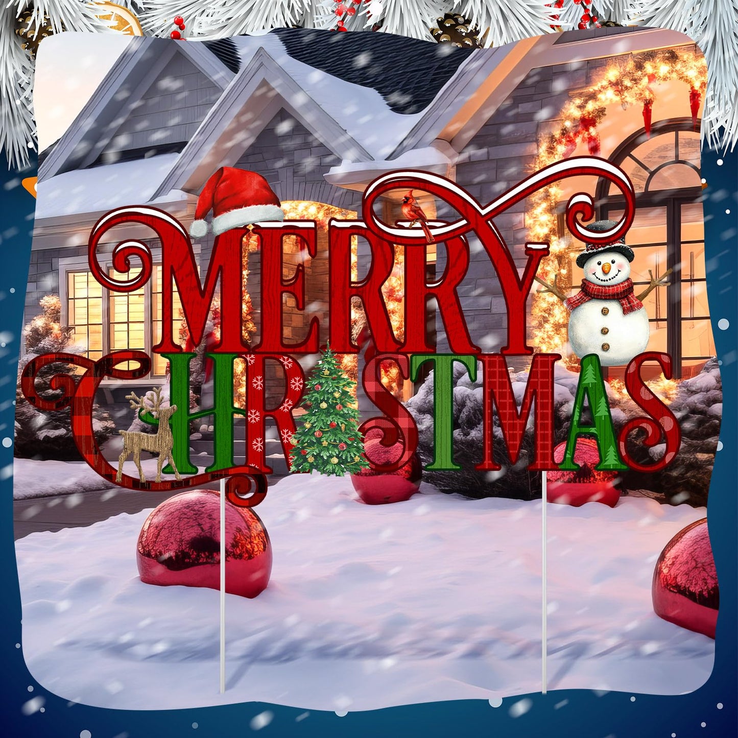 Memorywuu Metal Christmas Decoration Merry Christmas Yard Sign Stake 14.2 Inch Xmas Tree Snowman Santa Hat Outdoor Yard Decor for Xmas Outside Holiday Lawn Decorations Garden Patio Walkway