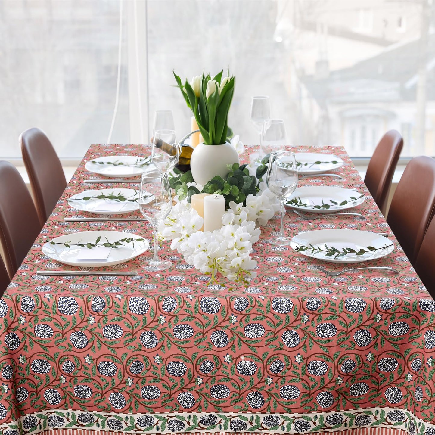 Newtay 60'' x 90'' Hand Block Print Mahjong Table Cloth Square Cotton Floral Tablecloth Washable Print Rectangle Table Cover with Dust Proof for Kitchen Dining Party(60'' X 90'',Dark Salmon,Pink)