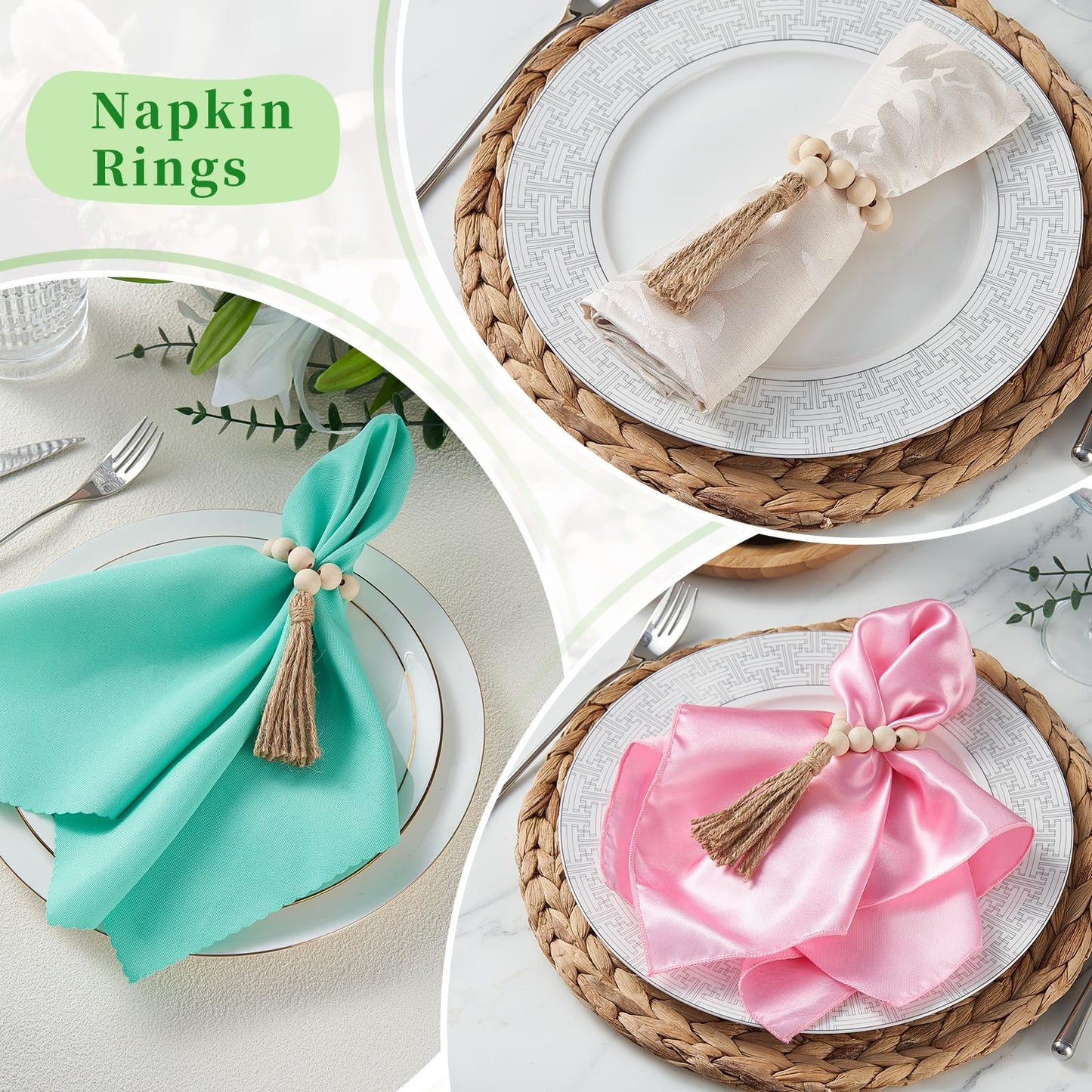 Napkin Rings Set of 6, Wooden Bead Napkin Rings for Table Decor, Easter Farmhouse Napkins Rings for Boho Table Decor, Spring Banquet, Wedding, Holiday Dinner Party, Easter