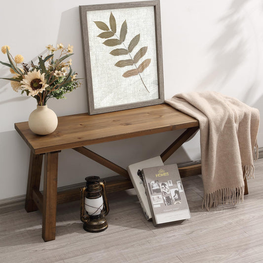 Wnutrees 43" Farmhouse Wood Bench, Narrow Bench, Long Bench Seat for Entryway, Living Room, Dining Room, Solid Wood, Natural
