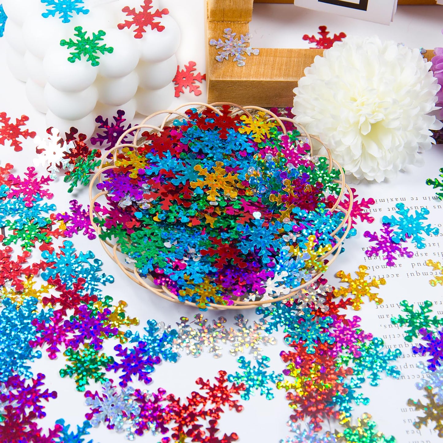 Giftmeet Silver Snowflake Decorations, 2080 Pcs, 0.9 Inch Plastic Shinny Glitter Christmas Snowflake Ornaments for Multiple Occasions