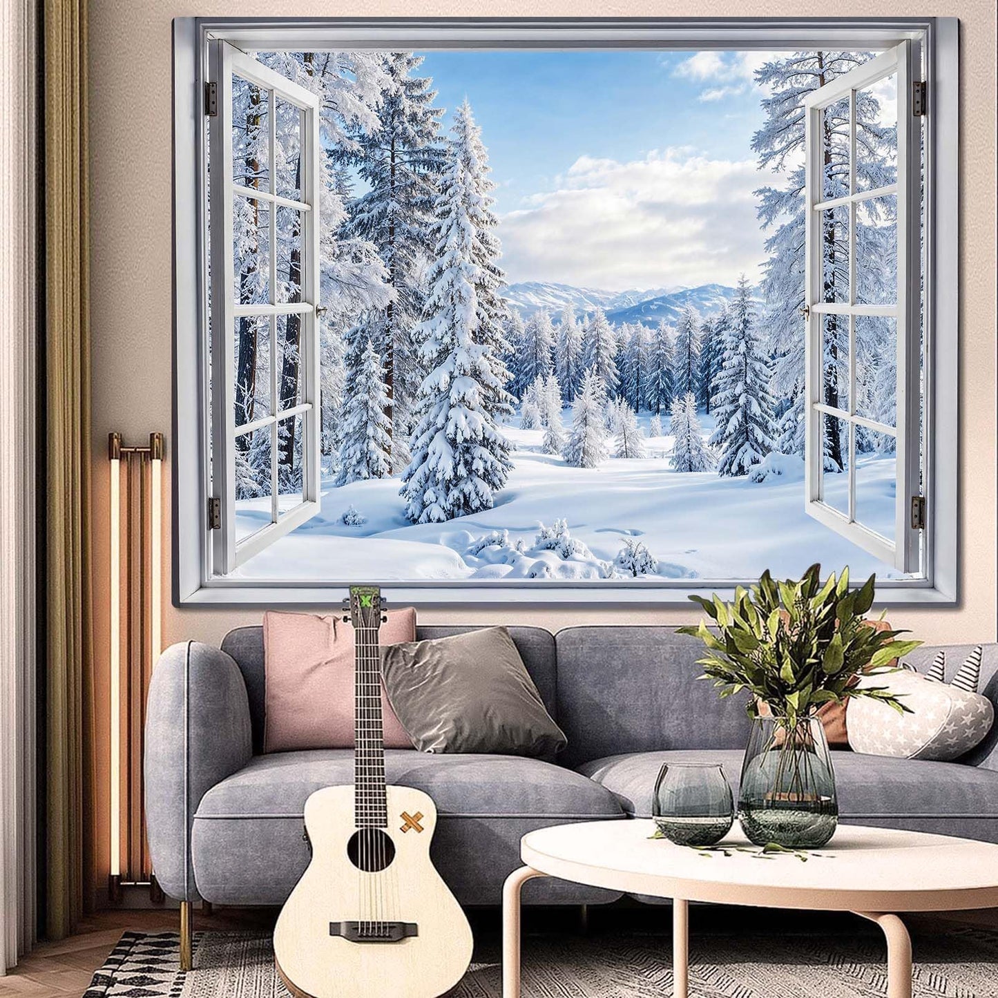 Lifeella Winter Snow Window Tapestry, Forest Outdoor Landscape Christmas Wall Backdrop, Snowy Mountain Mural for Living Room Bedroom Decor, White 36x48 inches