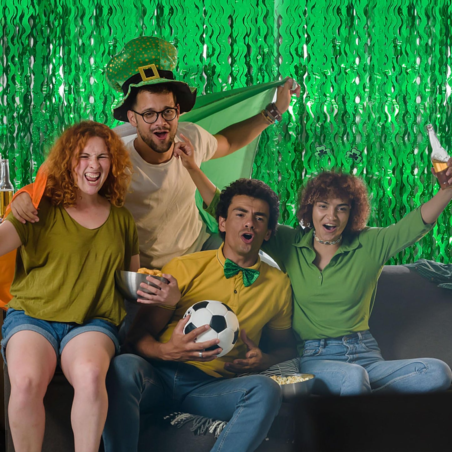 Green Tinsel Foil Fringe Curtains Wavy Backdrop for Party Sparkle Metallic Wavy Streamers Photo Booth Props for Birthday Dinosaur Animal St Patrick's Day Football Christmas Party Decorations