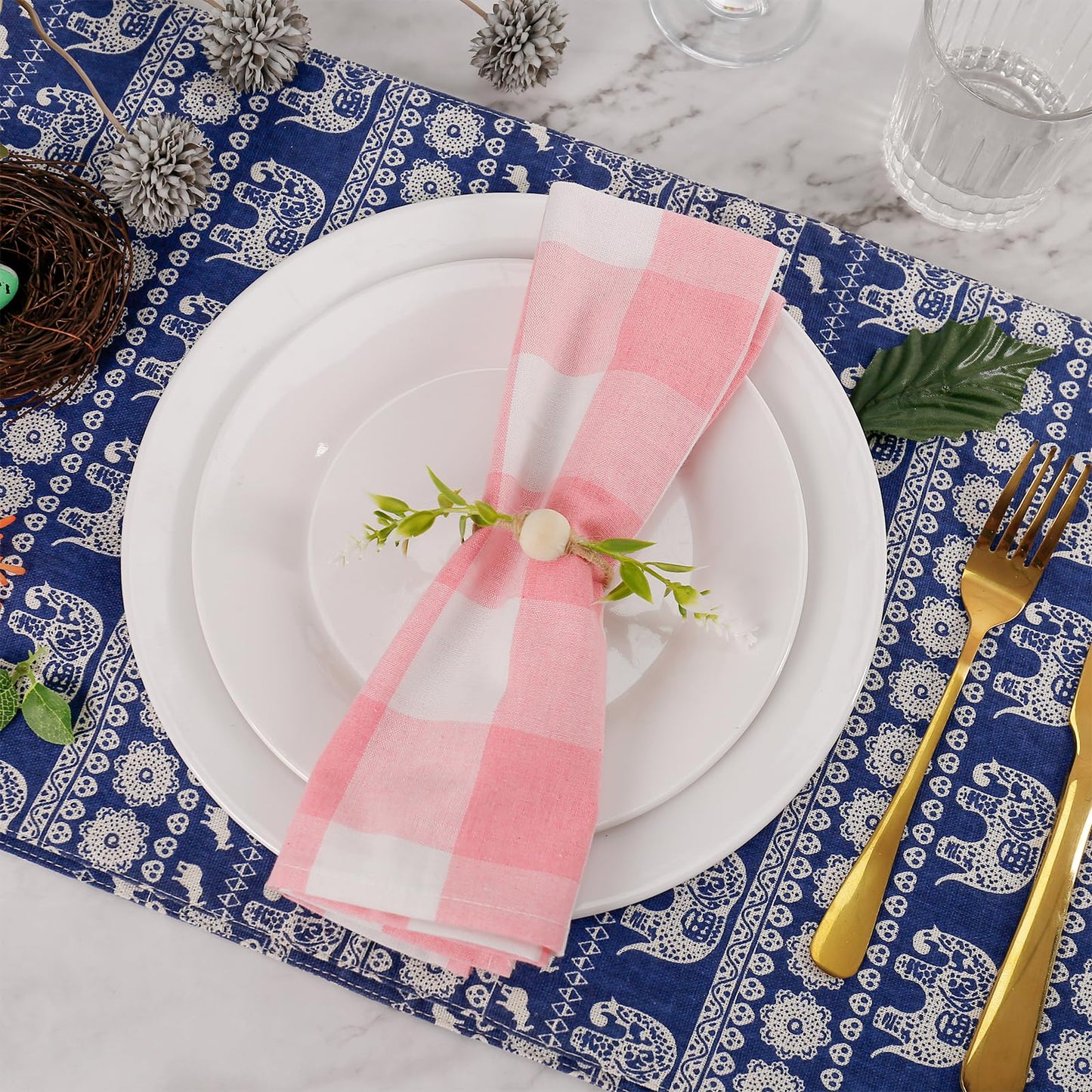 Getfitsoo Handmade Farmhouse Napkin Rings Set of 8, Eucalyptus Napkin Rings with Wooden Bead Greenery Leaves Rustic Napkins Holder for Easter Banquet Celebration, Wedding Parties Dinner Table Decor