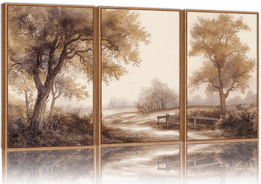 Rantodecor Vintage Landscape Framed Canvas Wall Art Triptych, Rustic Tree Sketch Wall Decor, Large Claming Nature Forest Art Paintings, Modern Relax Farmhouse Artwork for Bedroom Living Room 16"x24"x3