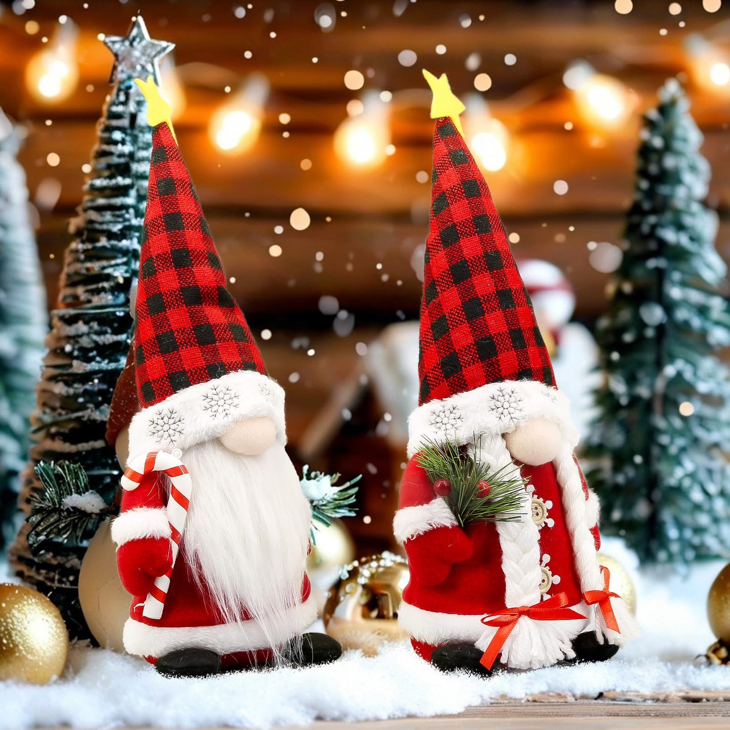 Lovinland Christmas Gnomes Plush Couple with Red Buffalo Check - Xmas Gnomes Elf Tomte Ornaments Doll - Christmas Decorations - Xmas Decorations for Home, Indoor, Office