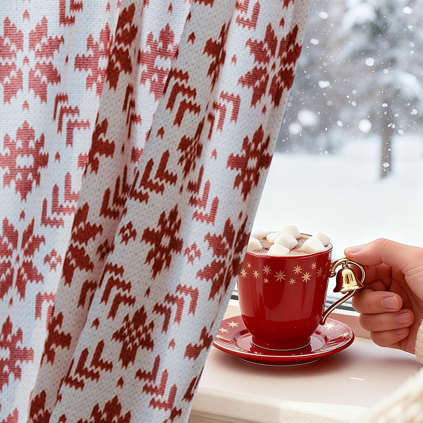 jinchan Snowflake Plaid Christmas Curtains 36 Inch Length Cafe Curtain Red Faux Canvas Textured Knit-Look Tier Curtains Holiday Christmas Decorations for Living Room Small Windows Rod Pocket 2 Panels