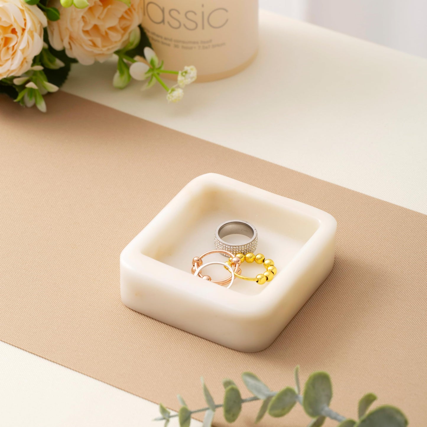 CM CHIC MONDAY Marble Ring Holder for Women, Irregular Square Jewelry Dish Tray, Monthers Day Gifts Small Ring Dish(Natural White)